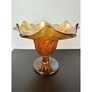 Amber Westmoreland Glass Carnival Glass Leaf Swirl Ruffled Compote